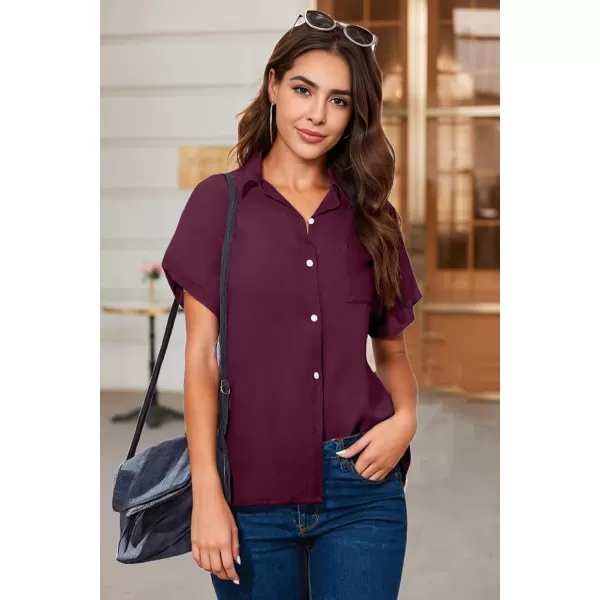 imageHOTOUCH Womens Button Down Shirts Loosefit Casual Short Sleeve Blouse V Neck Classic Collared Work Tops Fasion 2023Wine