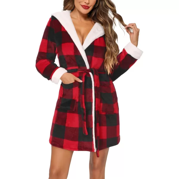 imageHOTOUCH Womens Hooded Bathrobe Fleece Robe Super Soft Plush Robe Velour BathrobeP Red Plaid