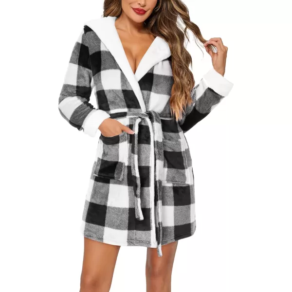 imageHOTOUCH Womens Hooded Bathrobe Fleece Robe Super Soft Plush Robe Velour BathrobeP White Plaid