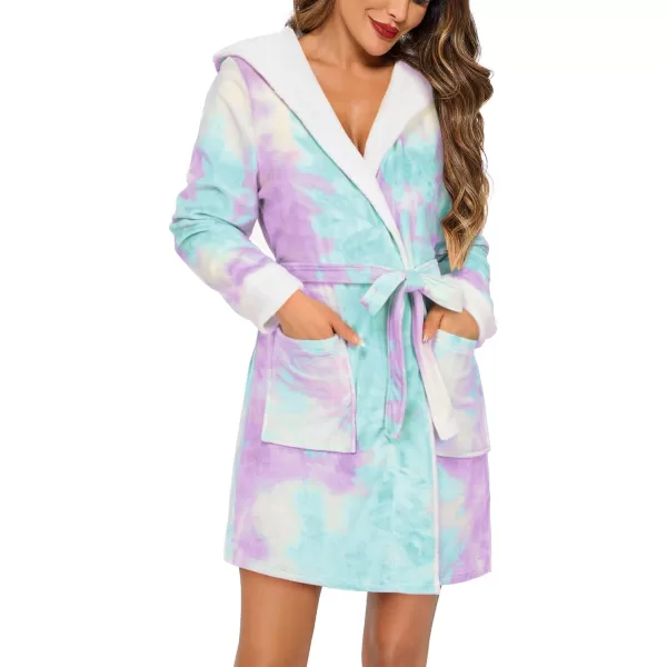 imageHOTOUCH Womens Hooded Bathrobe Fleece Robe Super Soft Plush Robe Velour BathrobePurple Tie Dye