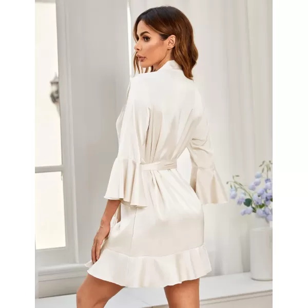 imageHOTOUCH Womens Satin Robe Pure Color Short Kimono Robes Ruffle Hem Oblique VNeck Bridesmaid Wedding Party BathrobesAwhite