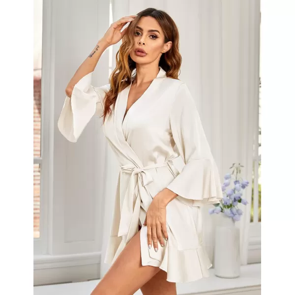 imageHOTOUCH Womens Satin Robe Pure Color Short Kimono Robes Ruffle Hem Oblique VNeck Bridesmaid Wedding Party BathrobesAwhite