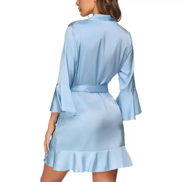 imageHOTOUCH Womens Satin Robe Pure Color Short Kimono Robes Ruffle Hem Oblique VNeck Bridesmaid Wedding Party BathrobesB Light Blue