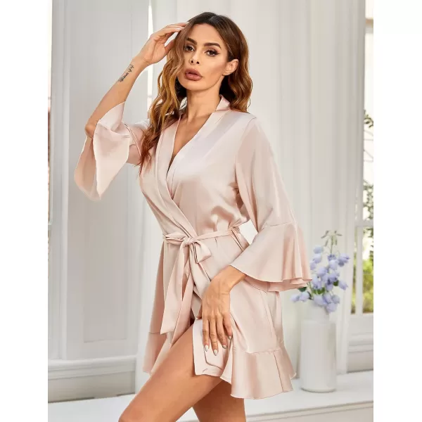 imageHOTOUCH Womens Satin Robe Pure Color Short Kimono Robes Ruffle Hem Oblique VNeck Bridesmaid Wedding Party BathrobesChampagne