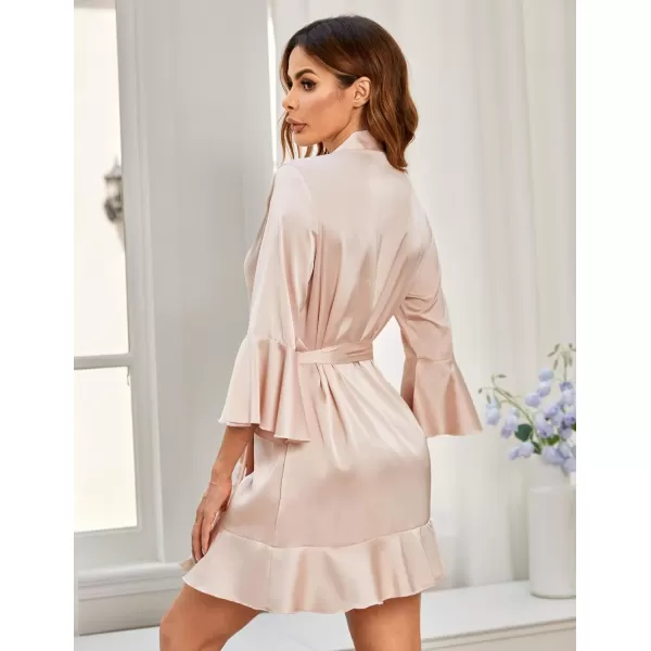 imageHOTOUCH Womens Satin Robe Pure Color Short Kimono Robes Ruffle Hem Oblique VNeck Bridesmaid Wedding Party BathrobesChampagne