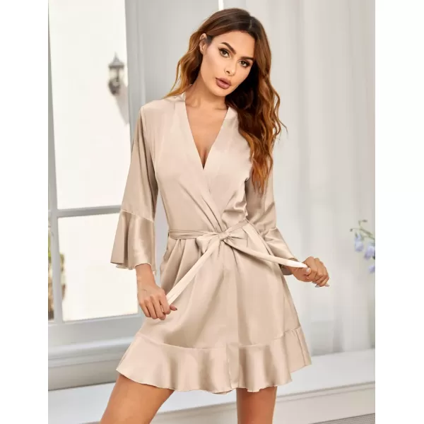 imageHOTOUCH Womens Satin Robe Pure Color Short Kimono Robes Ruffle Hem Oblique VNeck Bridesmaid Wedding Party BathrobesChampaign Gold