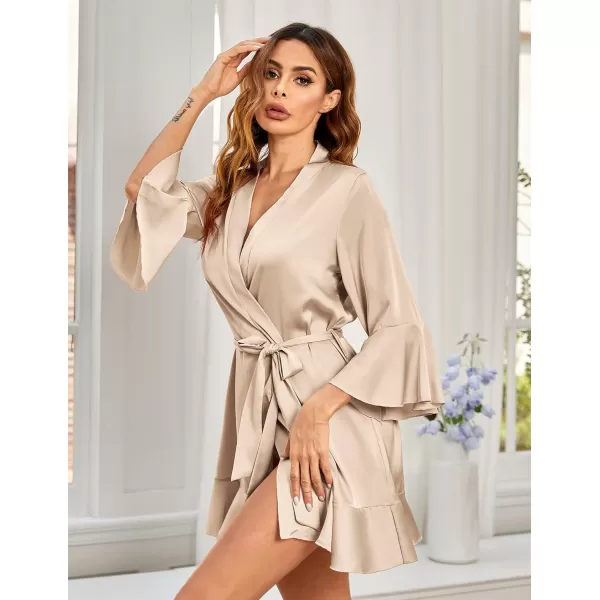 imageHOTOUCH Womens Satin Robe Pure Color Short Kimono Robes Ruffle Hem Oblique VNeck Bridesmaid Wedding Party BathrobesChampaign Gold