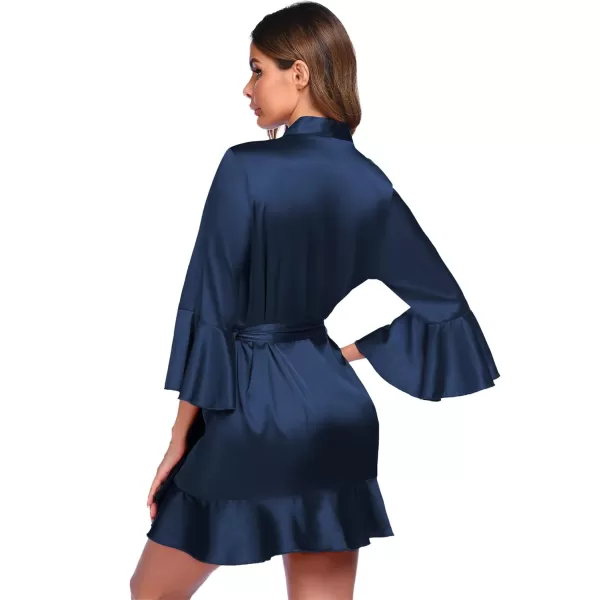 imageHOTOUCH Womens Satin Robe Pure Color Short Kimono Robes Ruffle Hem Oblique VNeck Bridesmaid Wedding Party BathrobesDark Blue