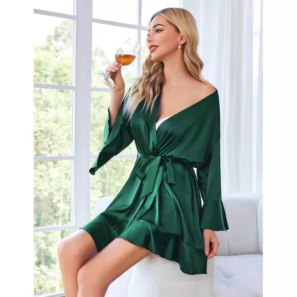 imageHOTOUCH Womens Satin Robe Pure Color Short Kimono Robes Ruffle Hem Oblique VNeck Bridesmaid Wedding Party BathrobesDark Green