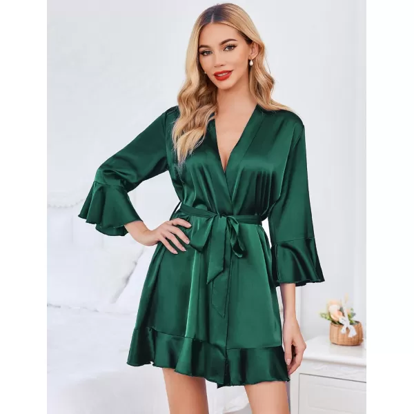 imageHOTOUCH Womens Satin Robe Pure Color Short Kimono Robes Ruffle Hem Oblique VNeck Bridesmaid Wedding Party BathrobesDark Green