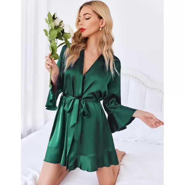 imageHOTOUCH Womens Satin Robe Pure Color Short Kimono Robes Ruffle Hem Oblique VNeck Bridesmaid Wedding Party BathrobesDark Green