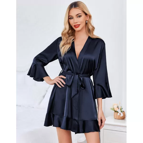 imageHOTOUCH Womens Satin Robe Pure Color Short Kimono Robes Ruffle Hem Oblique VNeck Bridesmaid Wedding Party BathrobesDeep Blue