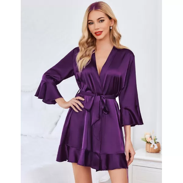 imageHOTOUCH Womens Satin Robe Pure Color Short Kimono Robes Ruffle Hem Oblique VNeck Bridesmaid Wedding Party BathrobesDeep Purple