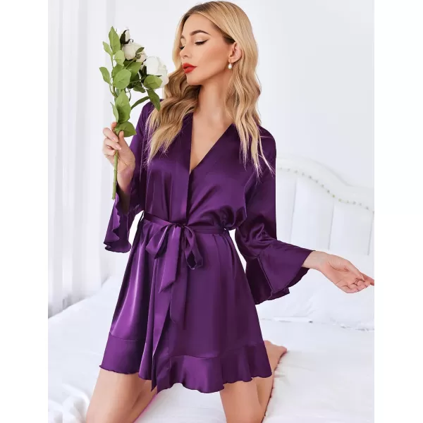 imageHOTOUCH Womens Satin Robe Pure Color Short Kimono Robes Ruffle Hem Oblique VNeck Bridesmaid Wedding Party BathrobesDeep Purple