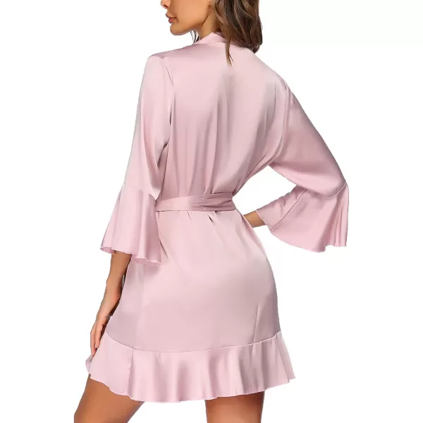 imageHOTOUCH Womens Satin Robe Pure Color Short Kimono Robes Ruffle Hem Oblique VNeck Bridesmaid Wedding Party BathrobesPink