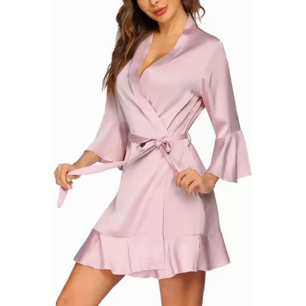 imageHOTOUCH Womens Satin Robe Pure Color Short Kimono Robes Ruffle Hem Oblique VNeck Bridesmaid Wedding Party BathrobesPink