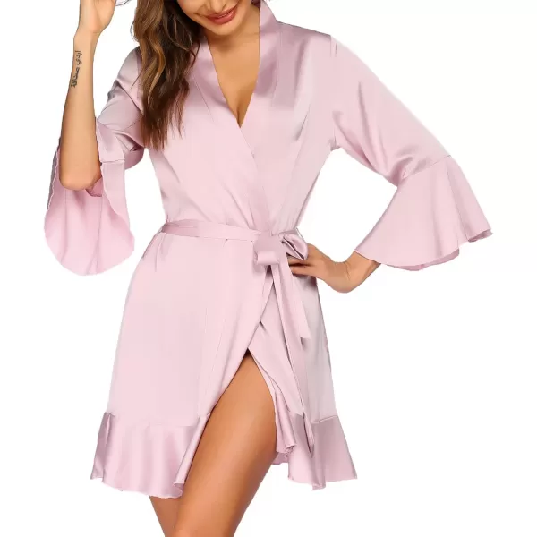 imageHOTOUCH Womens Satin Robe Pure Color Short Kimono Robes Ruffle Hem Oblique VNeck Bridesmaid Wedding Party BathrobesPink