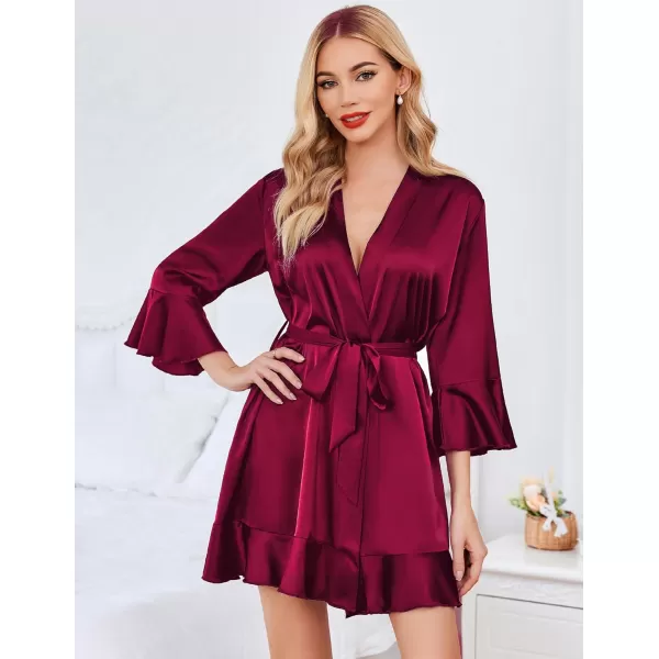 imageHOTOUCH Womens Satin Robe Pure Color Short Kimono Robes Ruffle Hem Oblique VNeck Bridesmaid Wedding Party BathrobesWine Red