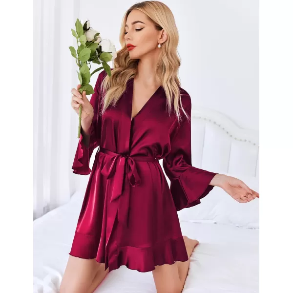 imageHOTOUCH Womens Satin Robe Pure Color Short Kimono Robes Ruffle Hem Oblique VNeck Bridesmaid Wedding Party BathrobesWine Red