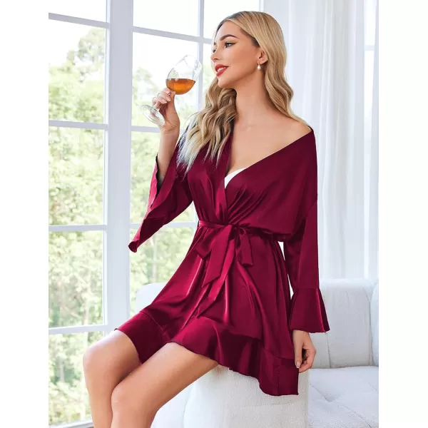 imageHOTOUCH Womens Satin Robe Pure Color Short Kimono Robes Ruffle Hem Oblique VNeck Bridesmaid Wedding Party BathrobesWine Red