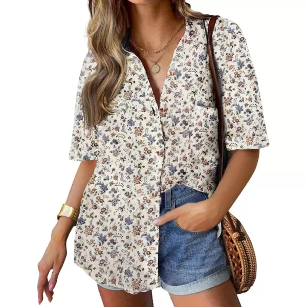 imageHOTOUCH Linen Shirts for Women Cotton Button Down Shirt Short Sleeve Loose Fit Collared Casual Work Blouse Tops SXXLFloral Cream