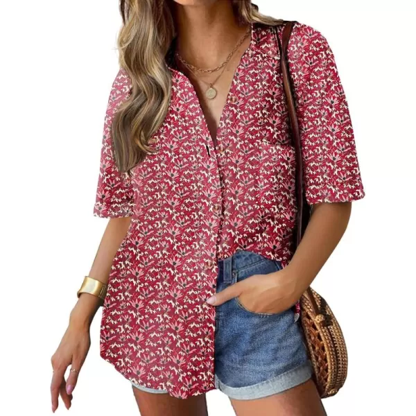 imageHOTOUCH Linen Shirts for Women Cotton Button Down Shirt Short Sleeve Loose Fit Collared Casual Work Blouse Tops SXXLFloral Red