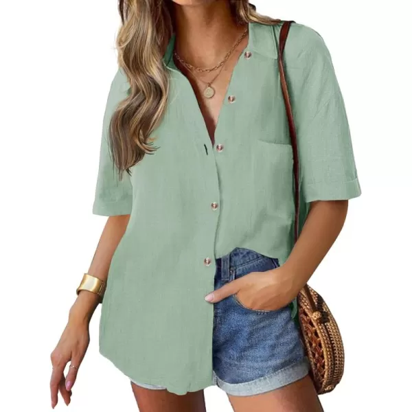 imageHOTOUCH Linen Shirts for Women Cotton Button Down Shirt Short Sleeve Loose Fit Collared Casual Work Blouse Tops SXXLGreen