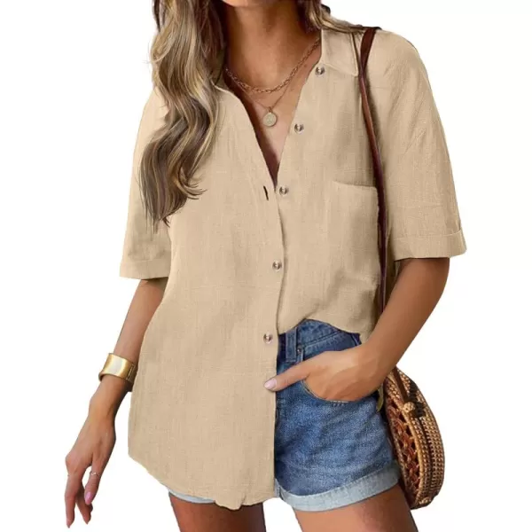 imageHOTOUCH Linen Shirts for Women Cotton Button Down Shirt Short Sleeve Loose Fit Collared Casual Work Blouse Tops SXXLKhaki