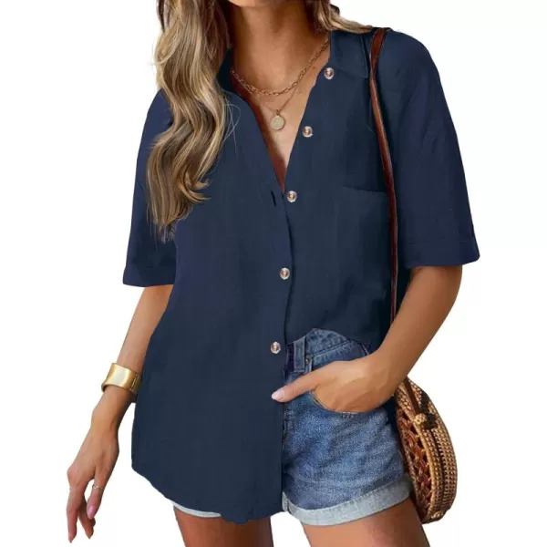 imageHOTOUCH Linen Shirts for Women Cotton Button Down Shirt Short Sleeve Loose Fit Collared Casual Work Blouse Tops SXXLNavy Blue