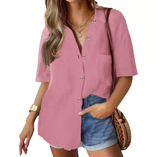 imageHOTOUCH Linen Shirts for Women Cotton Button Down Shirt Short Sleeve Loose Fit Collared Casual Work Blouse Tops SXXLWatermelon Pink