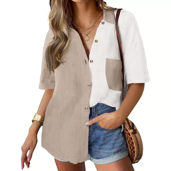 imageHOTOUCH Linen Shirts for Women Cotton Button Down Shirt Short Sleeve Loose Fit Collared Casual Work Blouse Tops SXXLWhitekhaki