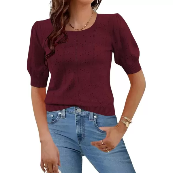 imageHOTOUCH Sweater for Women 2024 Fall Trendy Puff Tops Casual Eyelet Knit Square Neck Tunic Shirt Blouses SXXLDark Red