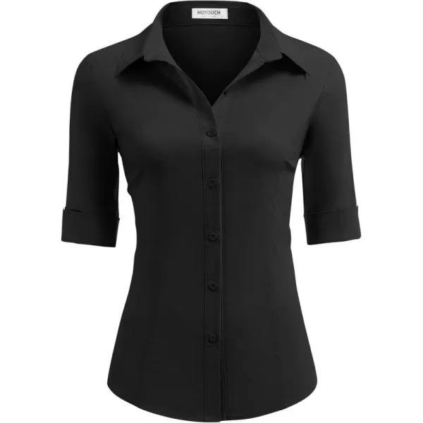 imageHOTOUCH Womens Basic Button Down Shirts 34 Sleeve Stretch Button Up Dress Shirt Slim Fit Waitress Work ShirtsAblack