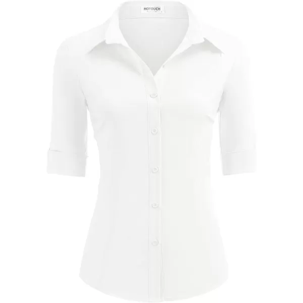 imageHOTOUCH Womens Basic Button Down Shirts 34 Sleeve Stretch Button Up Dress Shirt Slim Fit Waitress Work ShirtsAwhite