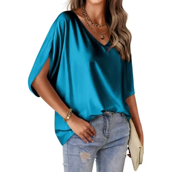 imageHOTOUCH Womens Business Casual Tops Satin Silk Dressy Blouses V Neck Formal Tops Batwing Half Sleeve Summer Shirt SXXLPeacock Blue