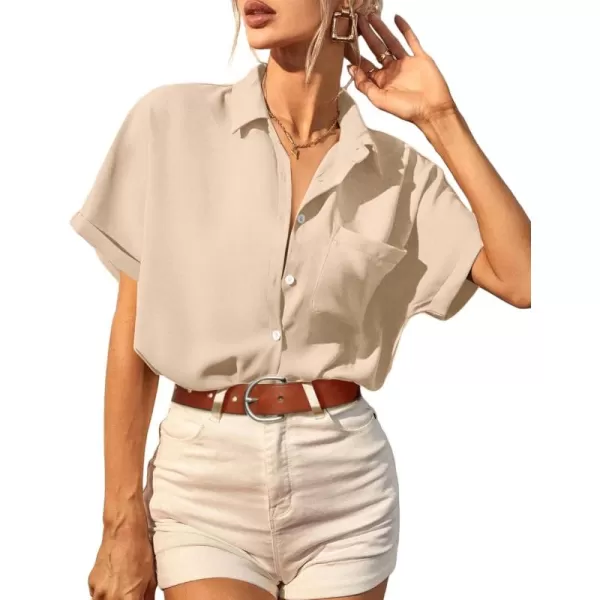 imageHOTOUCH Womens Button Down Shirts Loosefit Casual Short Sleeve Blouse V Neck Classic Collared Work Tops Fasion 2023Apricot