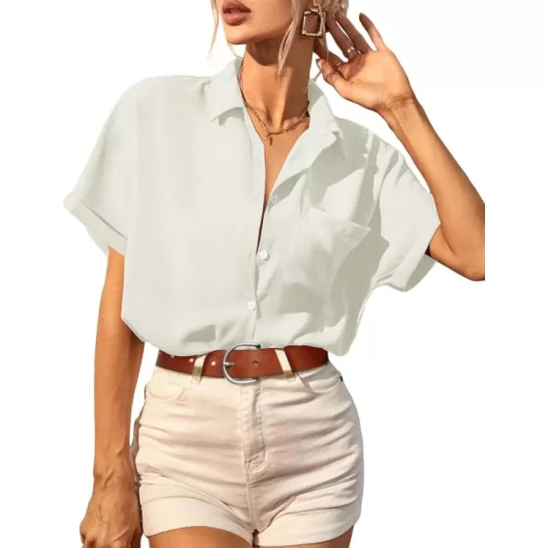 imageHOTOUCH Womens Button Down Shirts Loosefit Casual Short Sleeve Blouse V Neck Classic Collared Work Tops Fasion 2023Awhite