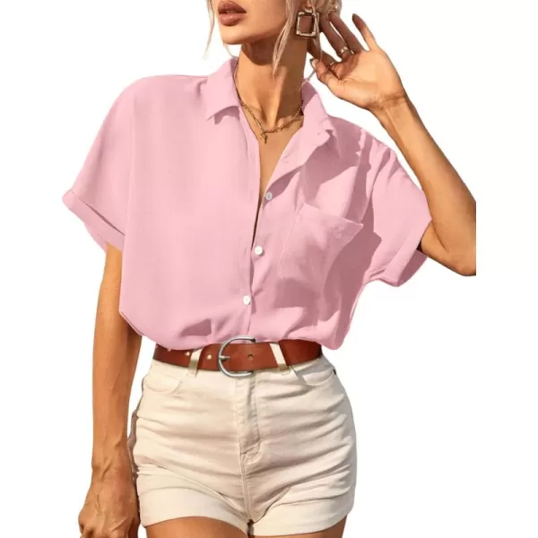 imageHOTOUCH Womens Button Down Shirts Loosefit Casual Short Sleeve Blouse V Neck Classic Collared Work Tops Fasion 2023Pink