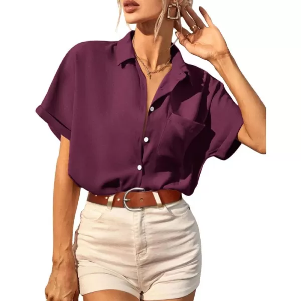 imageHOTOUCH Womens Button Down Shirts Loosefit Casual Short Sleeve Blouse V Neck Classic Collared Work Tops Fasion 2023Wine