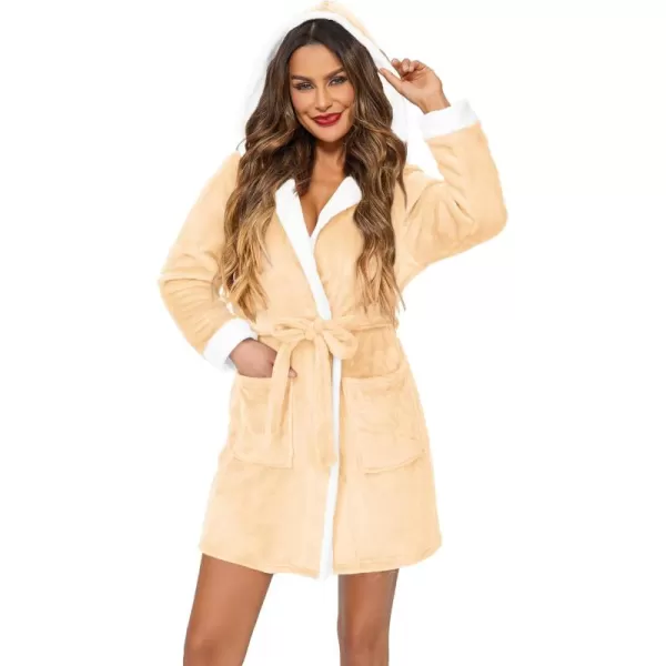 imageHOTOUCH Womens Hooded Bathrobe Fleece Robe Super Soft Plush Robe Velour BathrobeCream