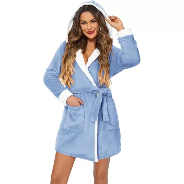 imageHOTOUCH Womens Hooded Bathrobe Fleece Robe Super Soft Plush Robe Velour BathrobeLight Blue