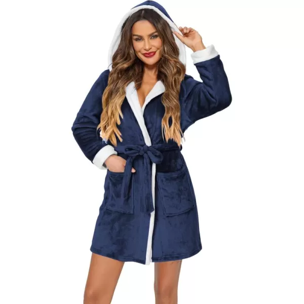 imageHOTOUCH Womens Hooded Bathrobe Fleece Robe Super Soft Plush Robe Velour BathrobeNavy Blue