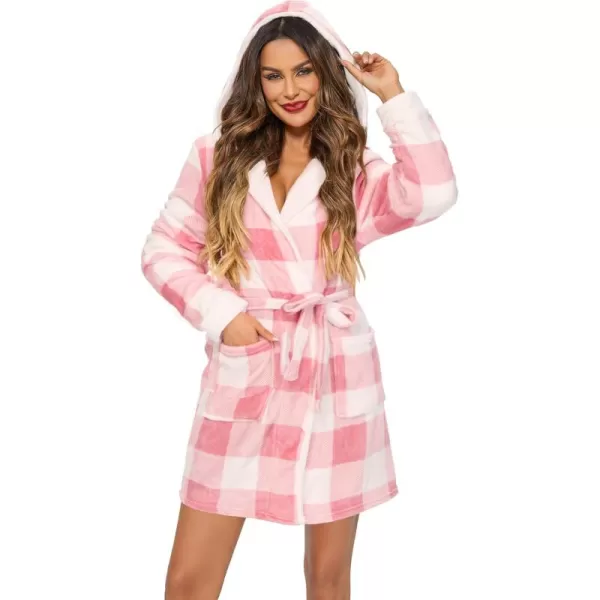 imageHOTOUCH Womens Hooded Bathrobe Fleece Robe Super Soft Plush Robe Velour BathrobePink Plaid