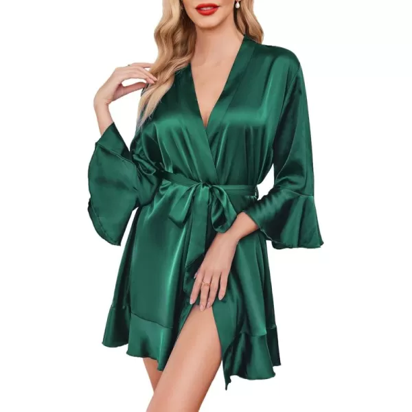 imageHOTOUCH Womens Satin Robe Pure Color Short Kimono Robes Ruffle Hem Oblique VNeck Bridesmaid Wedding Party BathrobesDark Green