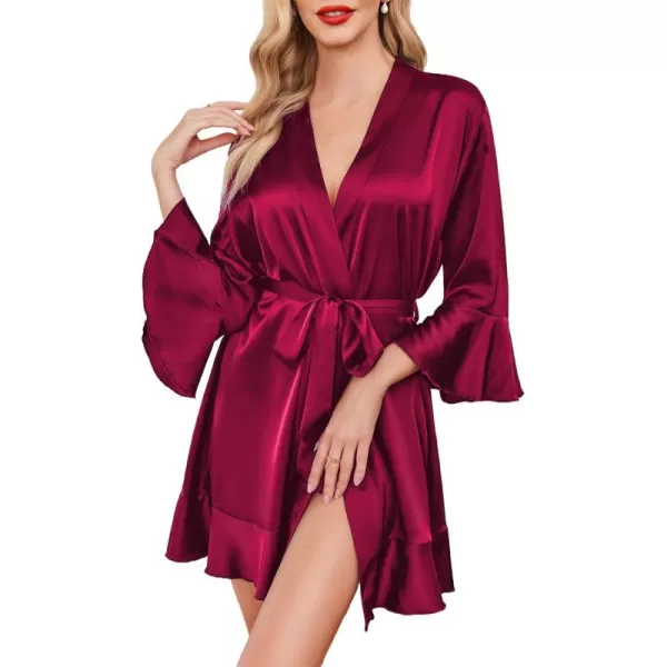 imageHOTOUCH Womens Satin Robe Pure Color Short Kimono Robes Ruffle Hem Oblique VNeck Bridesmaid Wedding Party BathrobesWine Red