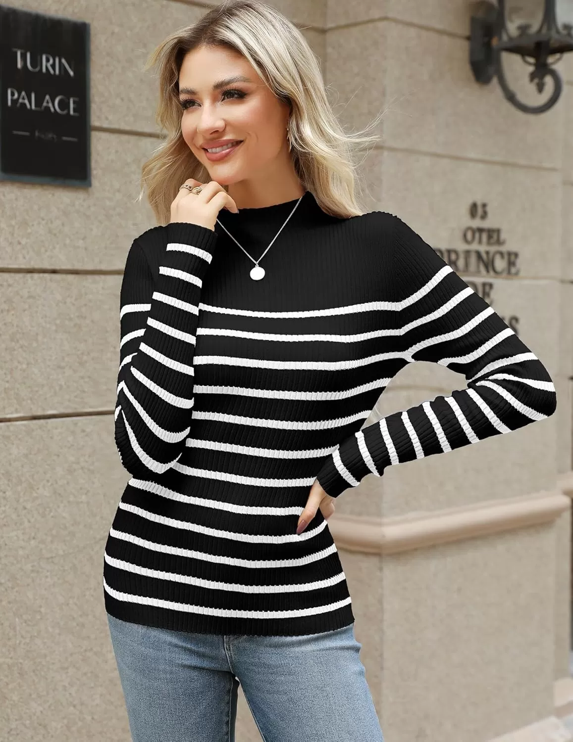 imageHOTOUCH Women Mock Neck Sweater Ribbed Knit Fitted Top Basic Casual Long Sleeve Shirt Fall Fashion Clothing 2024 TrendyBlack White Striped