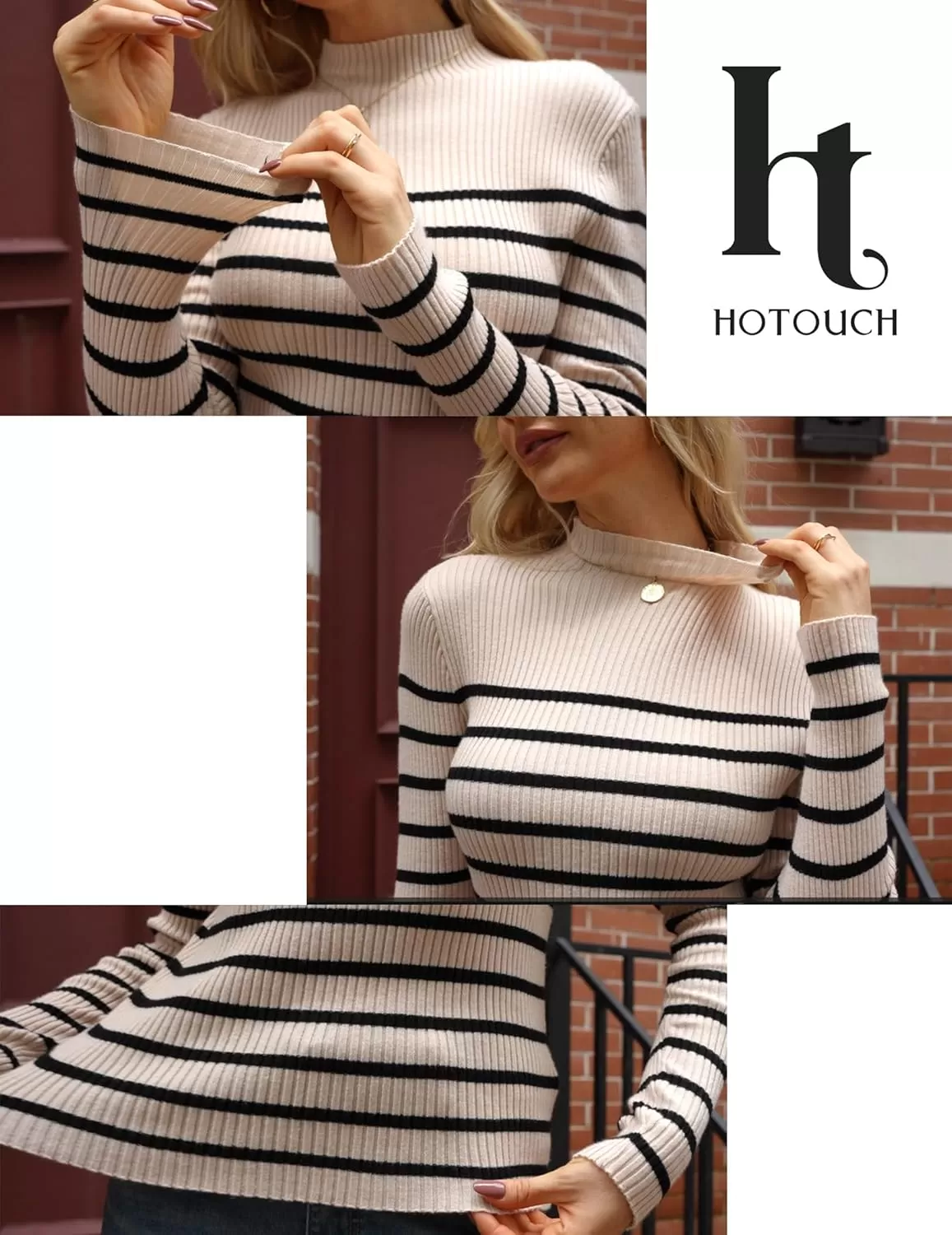 imageHOTOUCH Women Mock Neck Sweater Ribbed Knit Fitted Top Basic Casual Long Sleeve Shirt Fall Fashion Clothing 2024 TrendyBlack White Striped