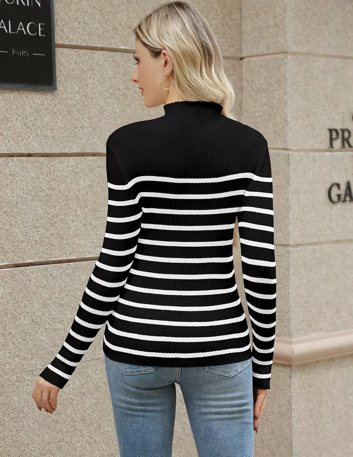 imageHOTOUCH Women Mock Neck Sweater Ribbed Knit Fitted Top Basic Casual Long Sleeve Shirt Fall Fashion Clothing 2024 TrendyBlack White Striped