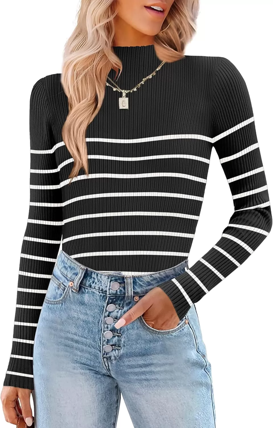 imageHOTOUCH Women Mock Neck Sweater Ribbed Knit Fitted Top Basic Casual Long Sleeve Shirt Fall Fashion Clothing 2024 TrendyBlack White Striped
