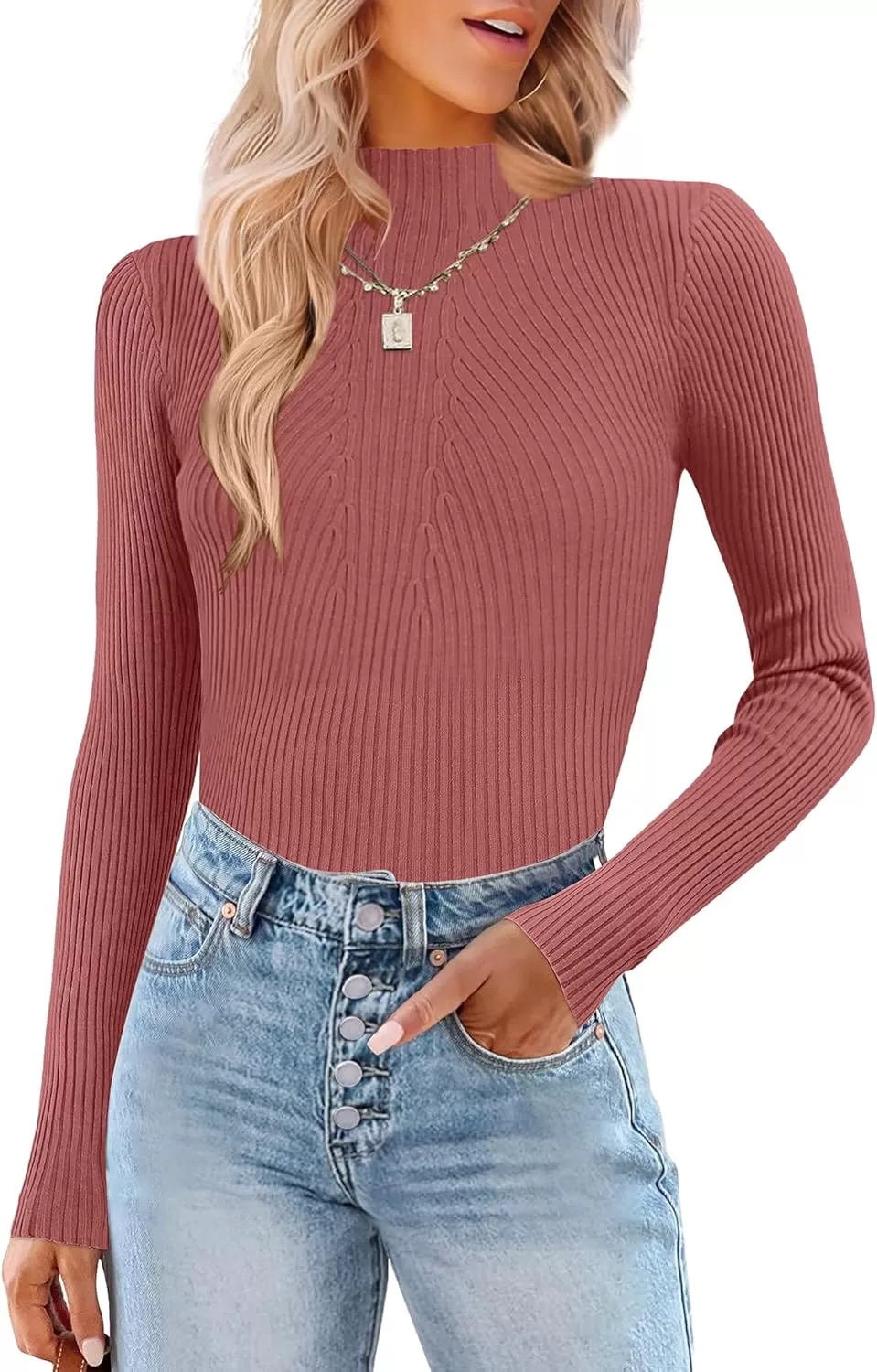 imageHOTOUCH Women Mock Neck Sweater Ribbed Knit Fitted Top Basic Casual Long Sleeve Shirt Fall Fashion Clothing 2024 TrendyBrickred